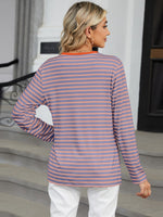 Striped Notched Long Sleeve T-Shirt - Ladyez