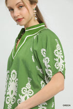 Umgee Boho Print Split-Neck Short Sleeve Top