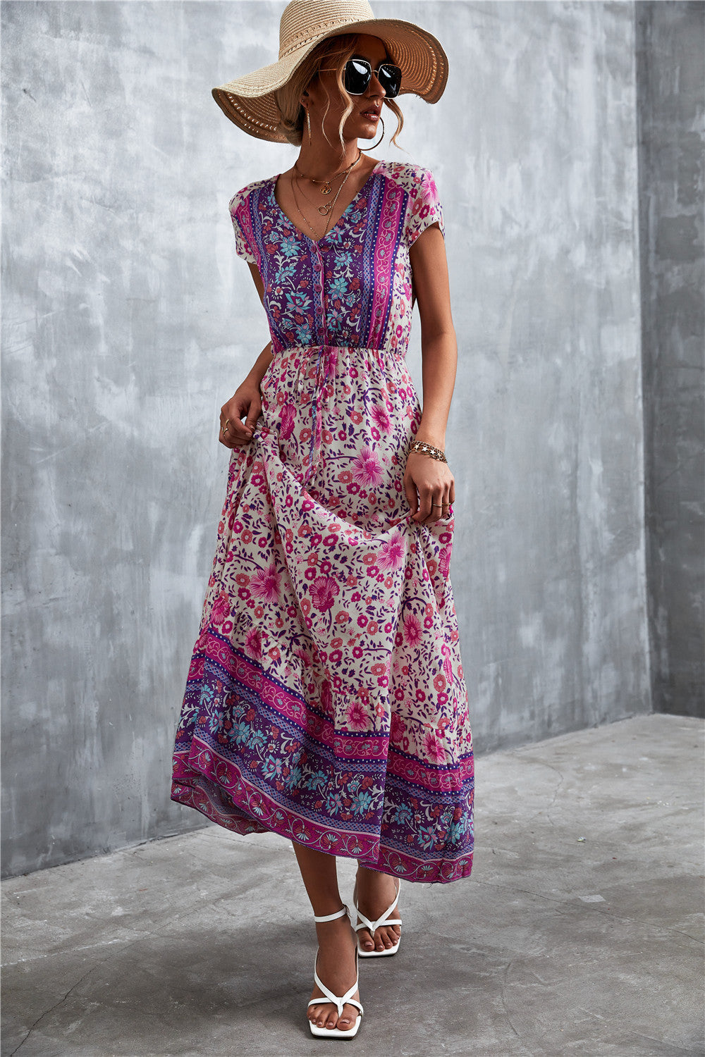 V-Neck Short Sleeve Printed Maxi Dress - Ladyez
