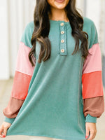 Color Block Ribbed Knit Henley Sweatshirt