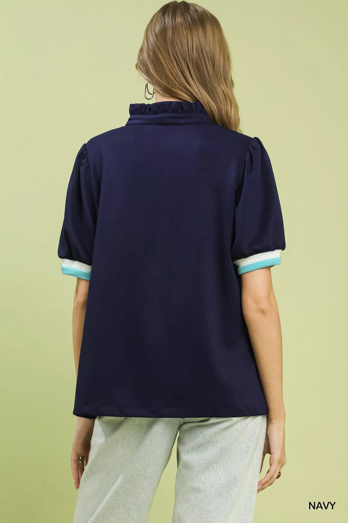 Umgee Luxe knit Contrast Trim Puff Sleeve Top