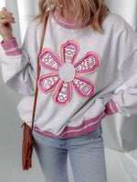 Flower Patch Contrast Trim Crew Neck Sweatshirt