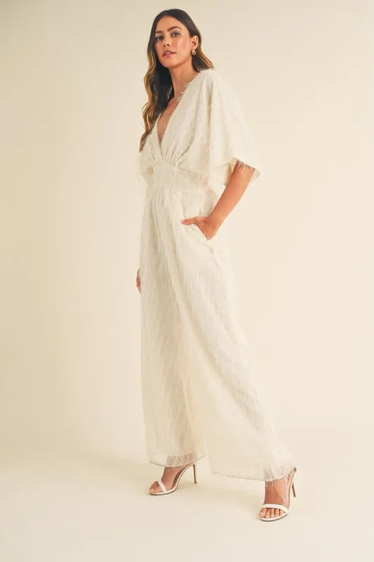 MABLE Fluffy Deep V Neck Wide Leg Jumpsuit - Ladyez