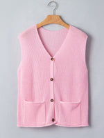 Solid Color Knit V Neck Button Front Sweater Vest