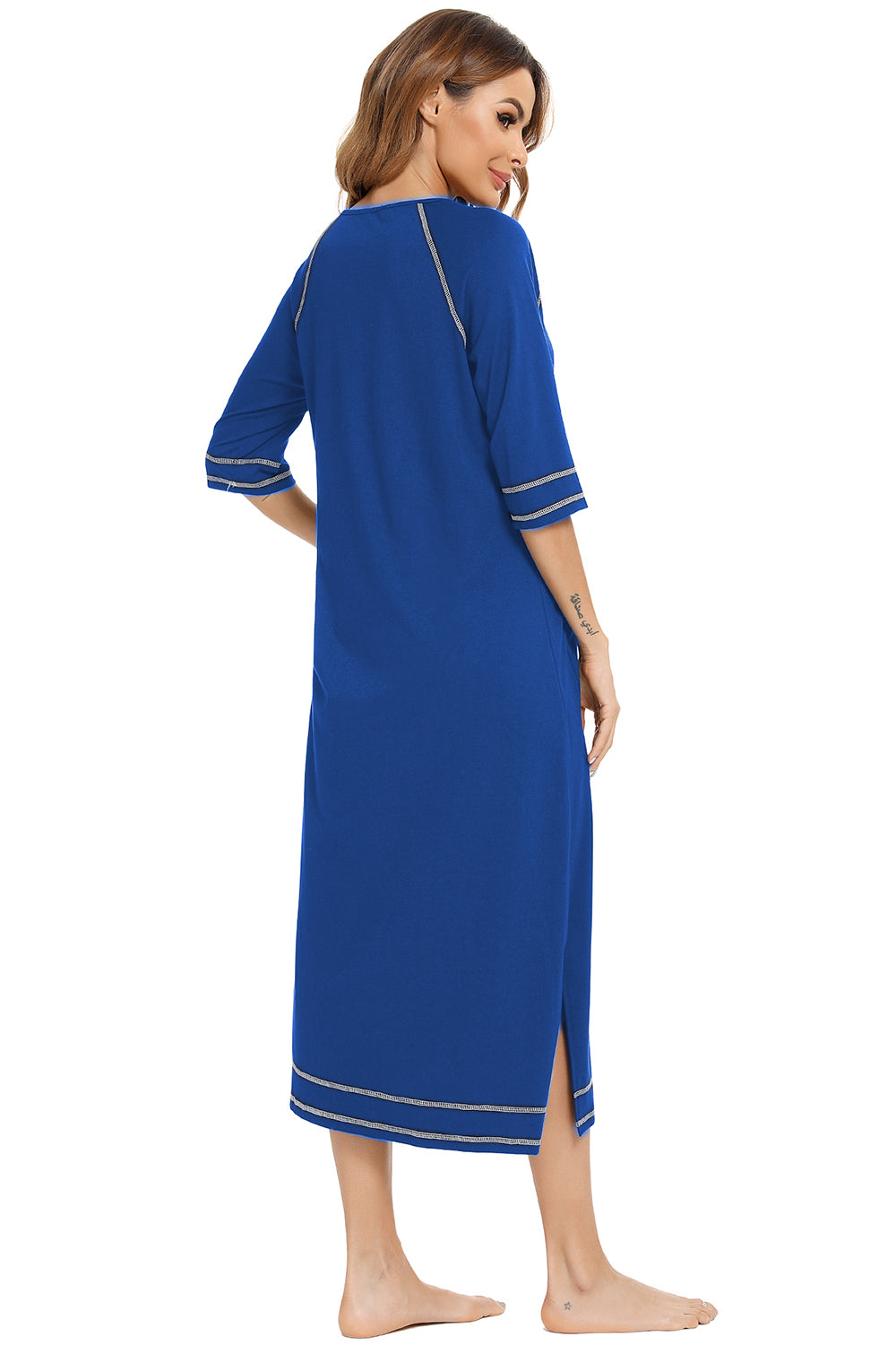 Zip Up Slit Round Neck Night Dress with Pockets - Ladyez