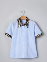 Stripe Leopard Contrast Collar Short Sleeve Shirt