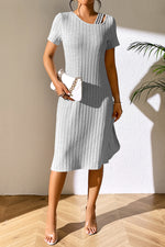 Ivy Lane Ribbed Asymmetrical Neck Short Sleeve Dress - Ladyez