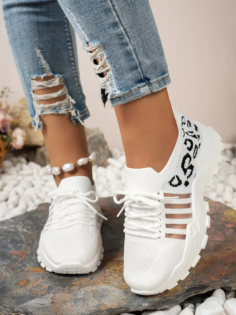 Cutout Leopard Lace Up Mesh Athletic - Ladyez
