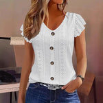 Eyelet Button-Front Flutter Sleeve Top - Ladyez