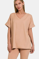 Zenana Full Size V-Neck Rolled Short Sleeve T-Shirt and Leggings Lounge Set - Ladyez