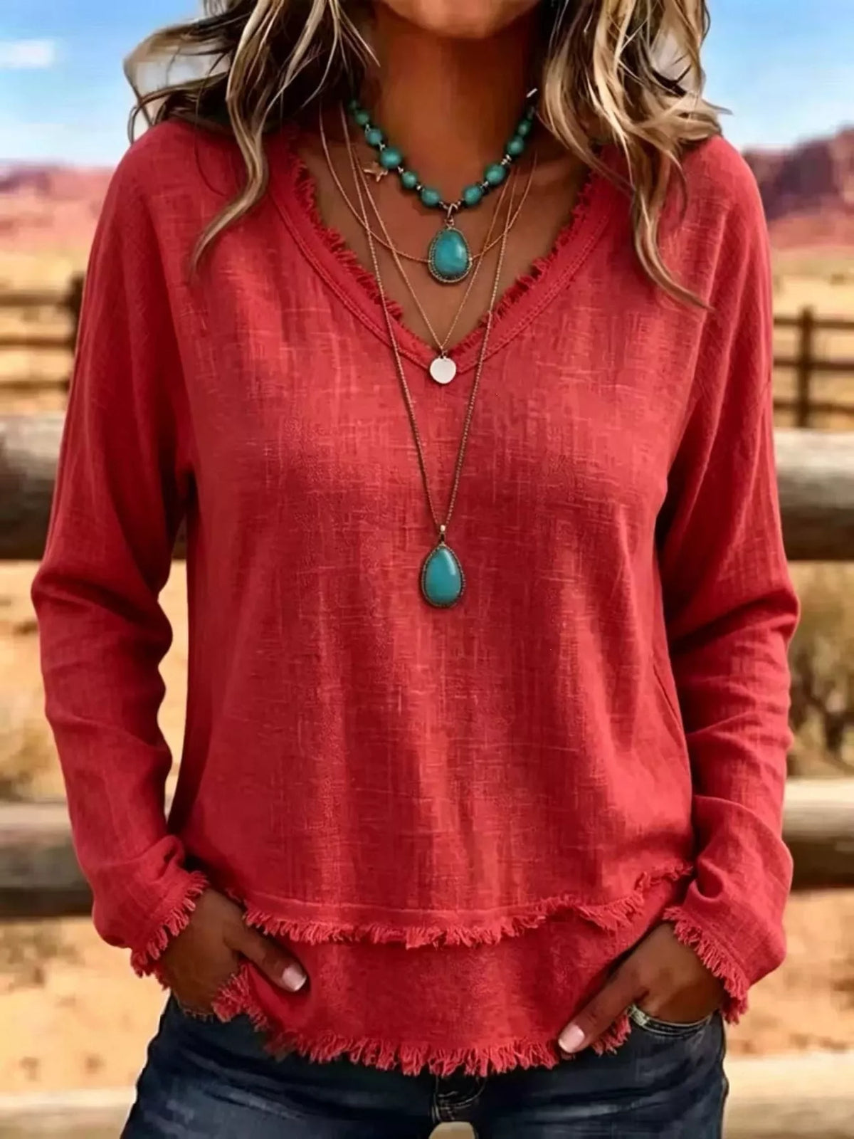 V-Neck Long Sleeve Blouse with Frayed Hem Detail