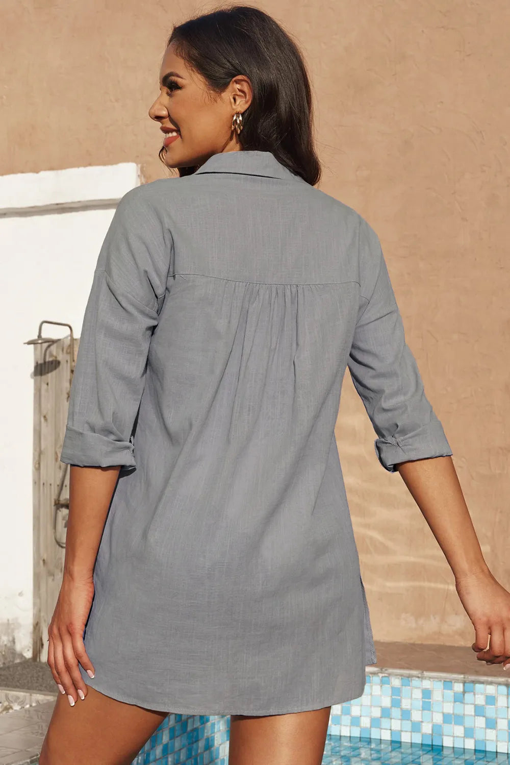 Button-Up Longline Shirt with Breast Pockets - Ladyez