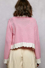 POL Button Down Cable-Knit Cardigan with Contrast Border Accents