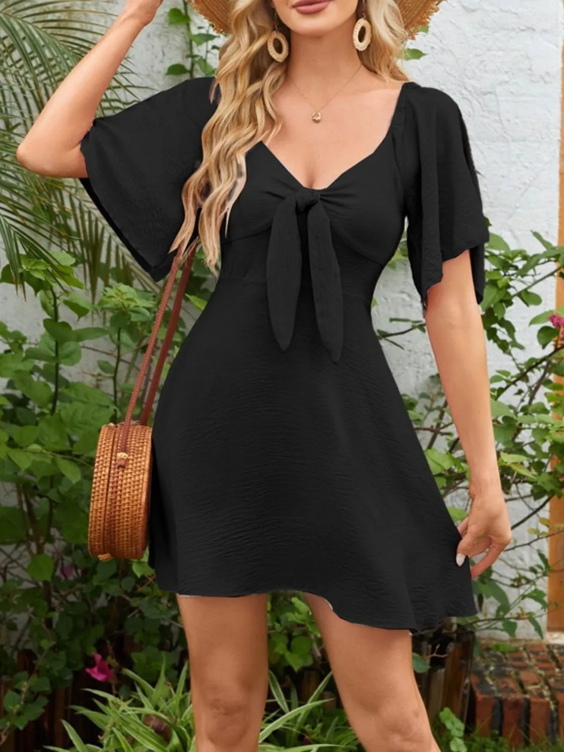 Smocked Back Knotted Flutter Sleeve Dress - Ladyez