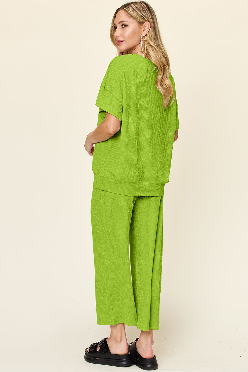 Double Take Full Size Texture Round Neck Short Sleeve T-Shirt and Wide Leg Pants - Ladyez
