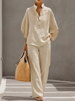 Full Size Button Detail 3/4 Sleeve Top and Pants Set Plus Size