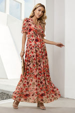 Floral V-Neck Short Flounce Sleeve Dress - Ladyez
