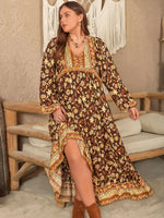 Plus Size Printed V-Neck Balloon Sleeve Dress - Ladyez