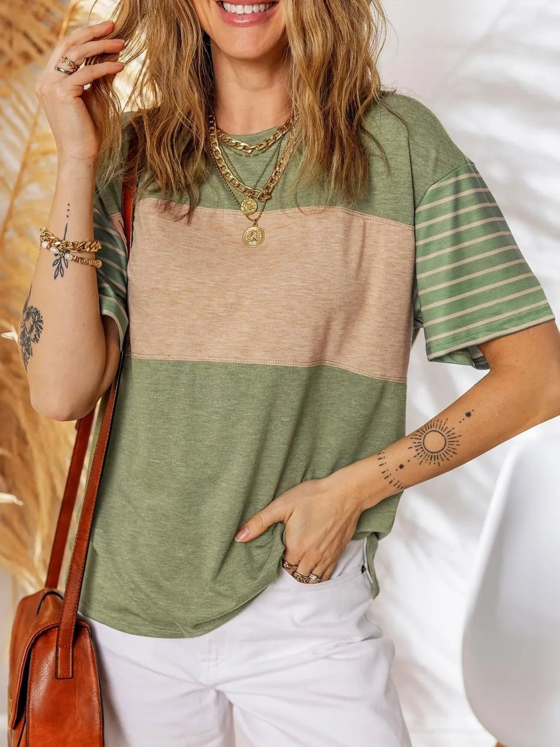 Color Block Striped Sleeve Casual T-Shirt - Ladyez