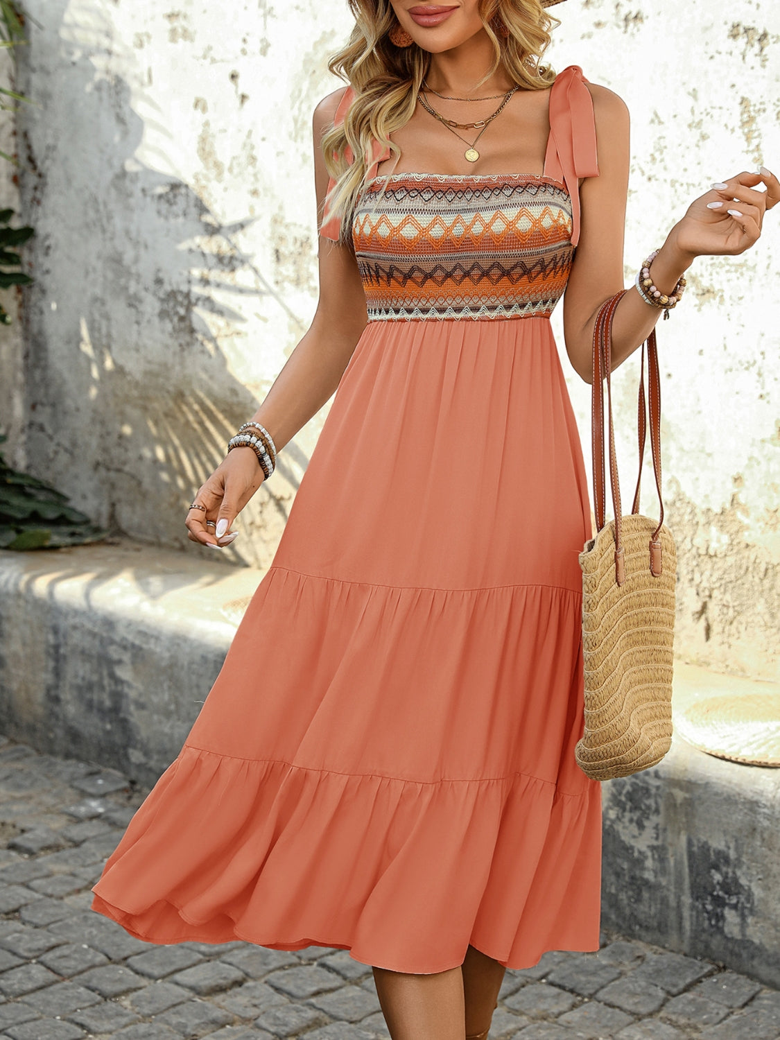 Tie Shoulder Square Neck Tiered Midi Dress - Ladyez