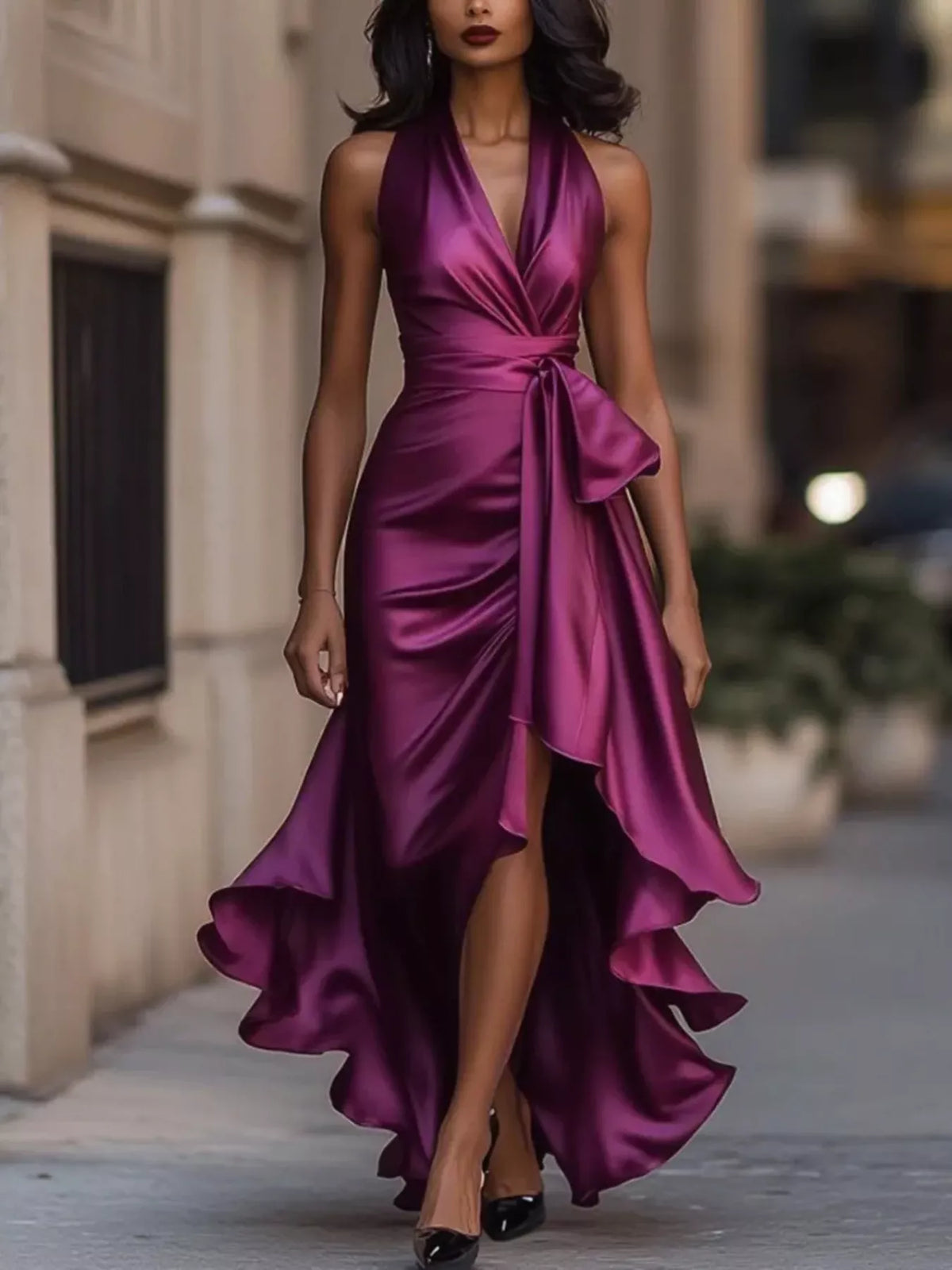 Full Size High-Low Ruffled Satin Maxi Dress Plus Size