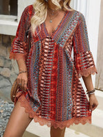 Lace Trim Printed V-Neck 3/4 Sleeve Dress - Ladyez