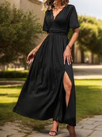 Perfee Lace Detail Slit V-Neck Short Sleeve Dress - Ladyez