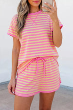 Striped Round Neck Tee and Shorts Casual Set