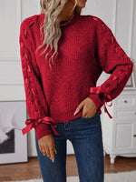Ribbon-Tie Sleeve Round Neck Sweater