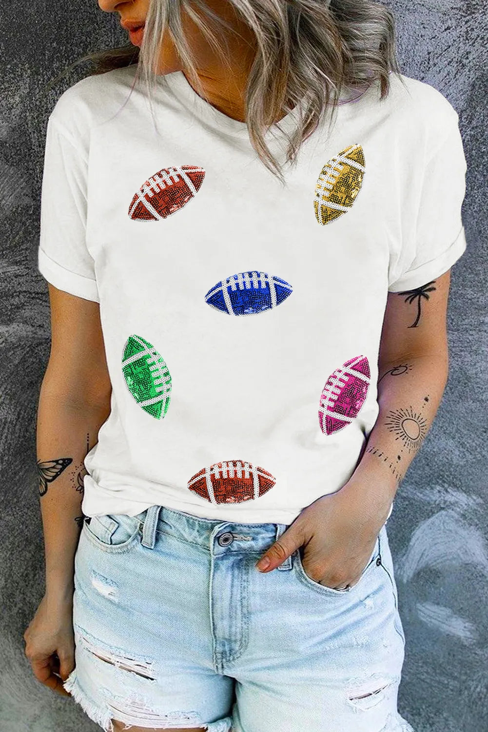 Sequin Football Round Neck Short Sleeve T-Shirt - Ladyez