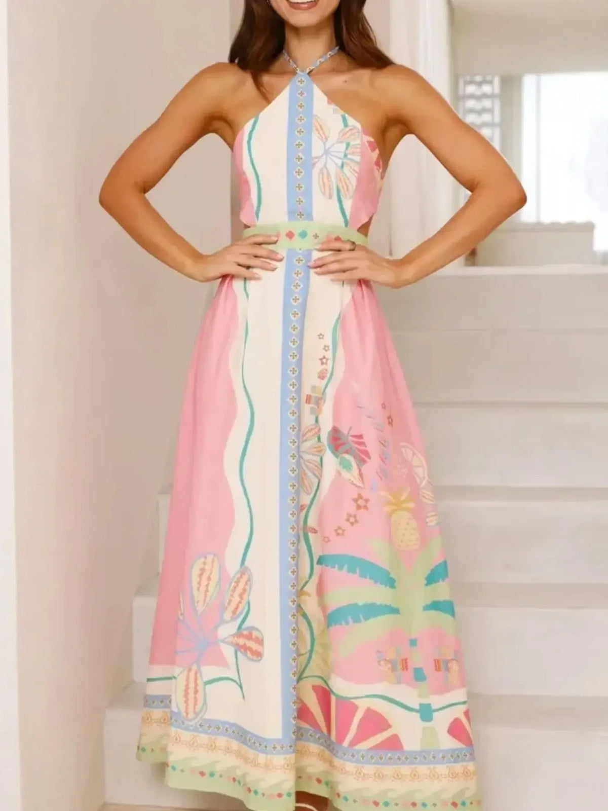 Halter Neck Printed Maxi Dress - Ladyez
