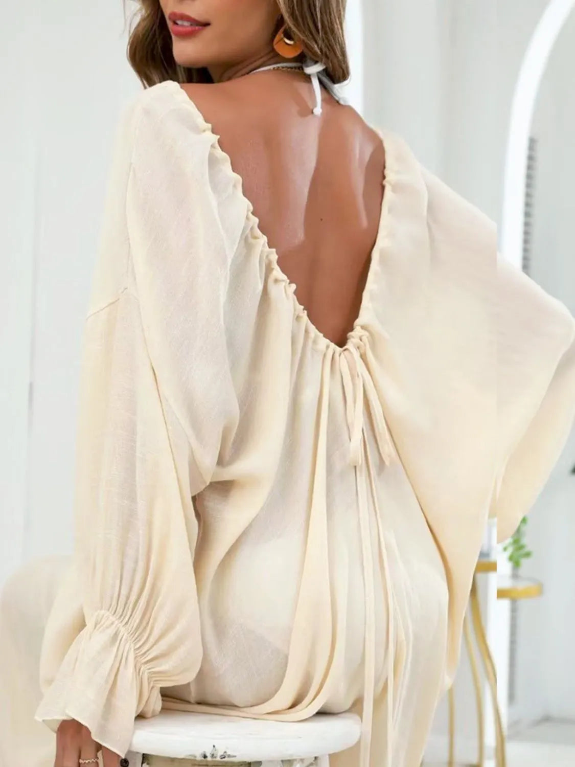 Backless Drawstring Back Flounce Sleeve Cover-Up - Ladyez