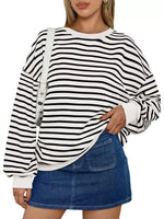 Striped Round Neck Oversized Casual Sweatshirt