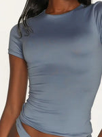 Round Neck Short Sleeve Swim Top - Ladyez