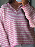 Button Detail Dropped Shoulder Striped Sweater