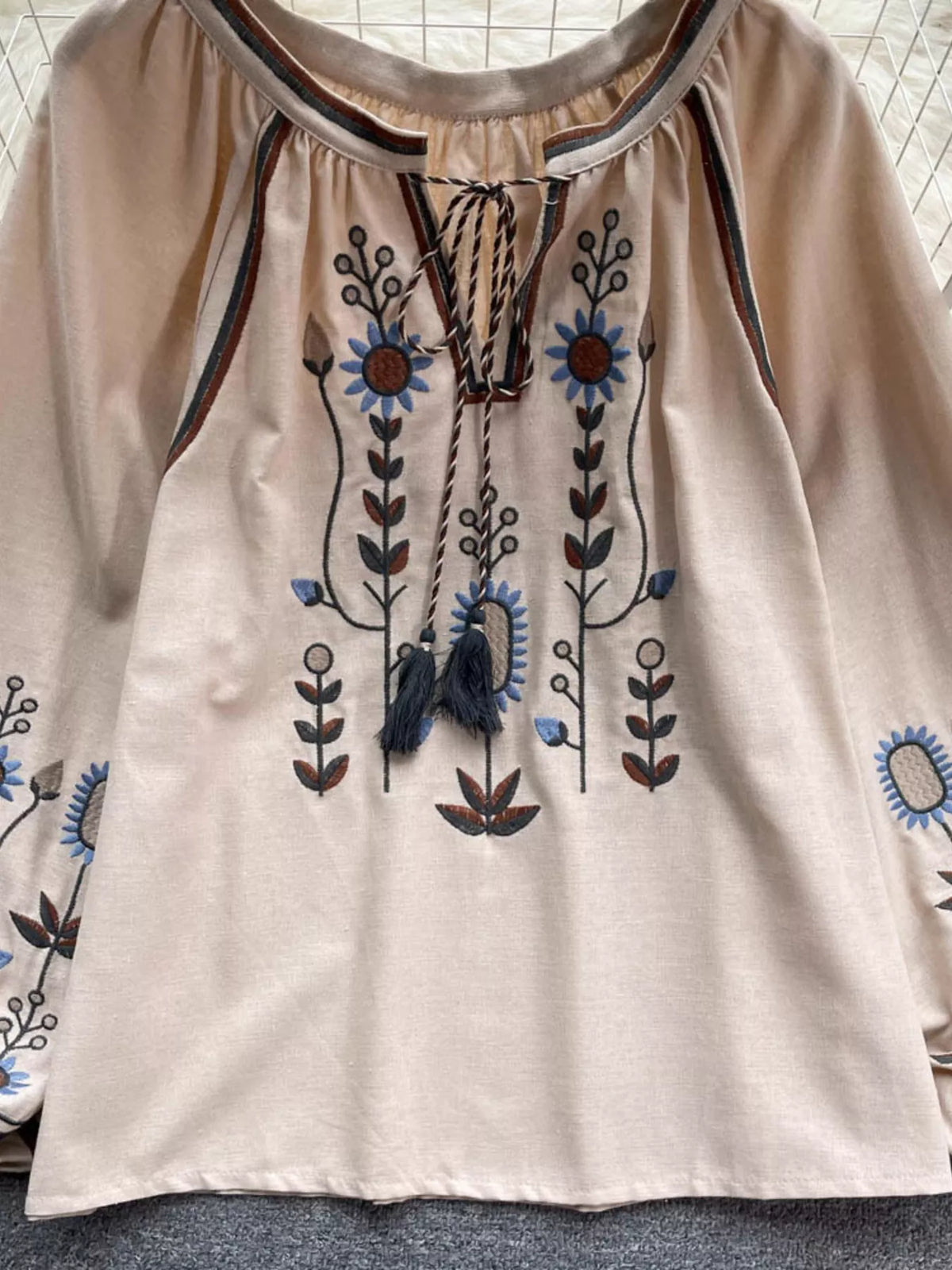 Embroidered Tie Neck Blouse