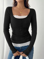 Lace Detail Long Sleeve Ribbed Top