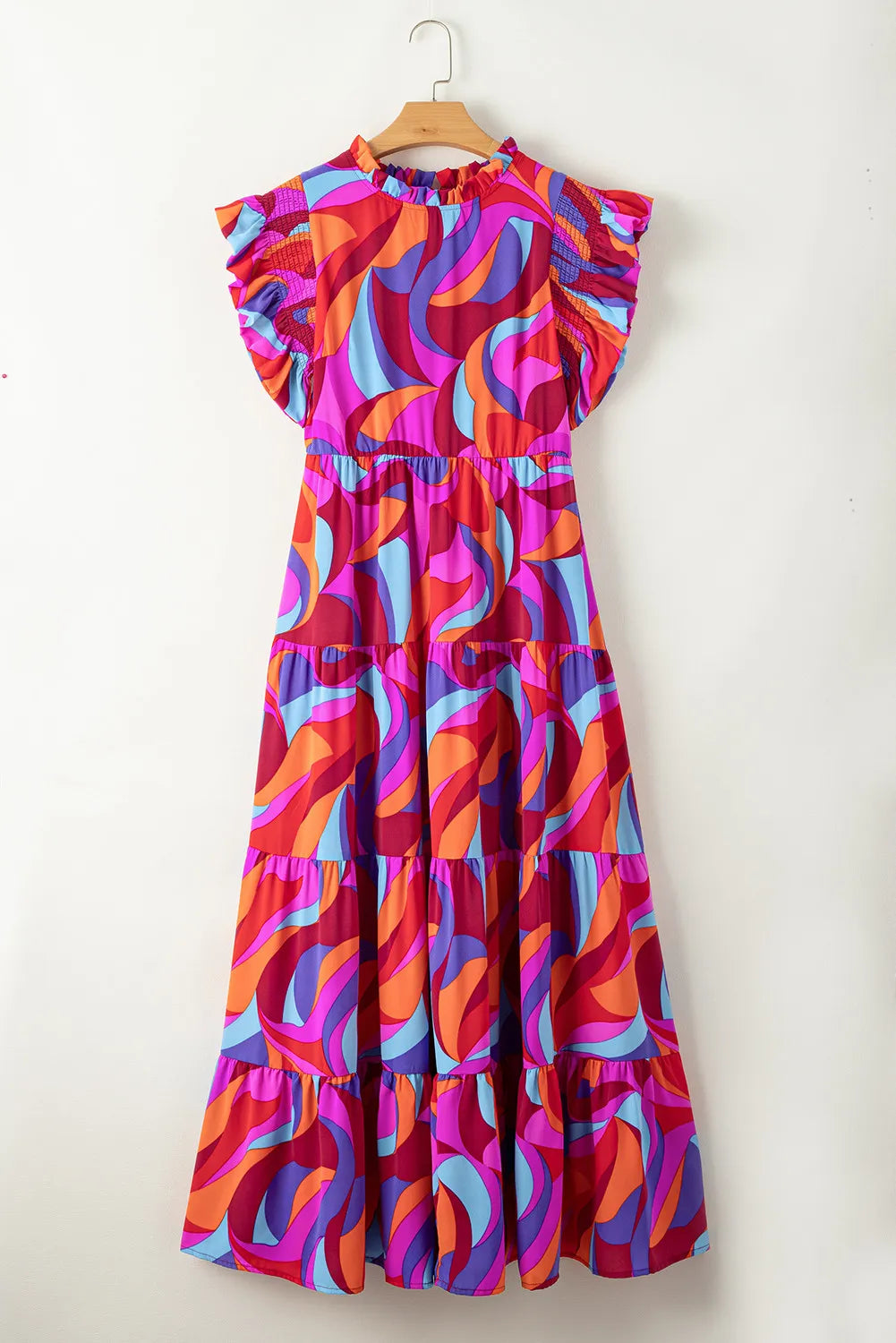 Full Size Printed Ruffled Mock Neck Tiered Dress - Ladyez