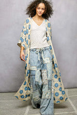 POL Open Front Floral Crochet Longline Cardigan