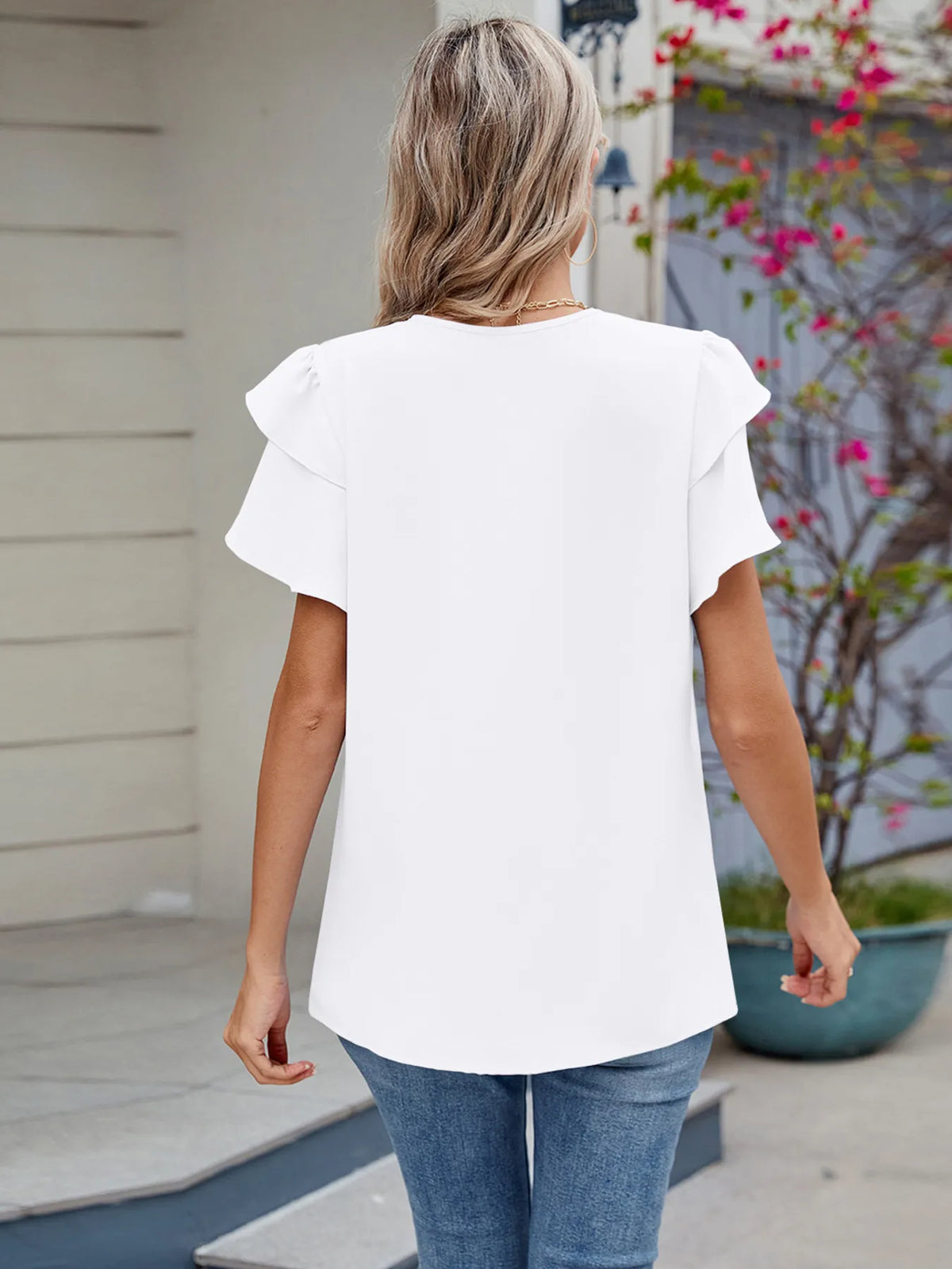 Round Neck Ruffled Layered Sleeve Blouse - Ladyez