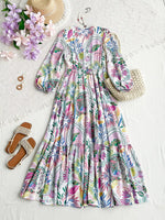 Lace Detail V-Neck Balloon Sleeve Dress