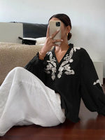 Embroidered Notched Long Sleeve Blouse