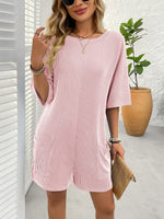 Backless Textured Round Neck Half Sleeve Romper