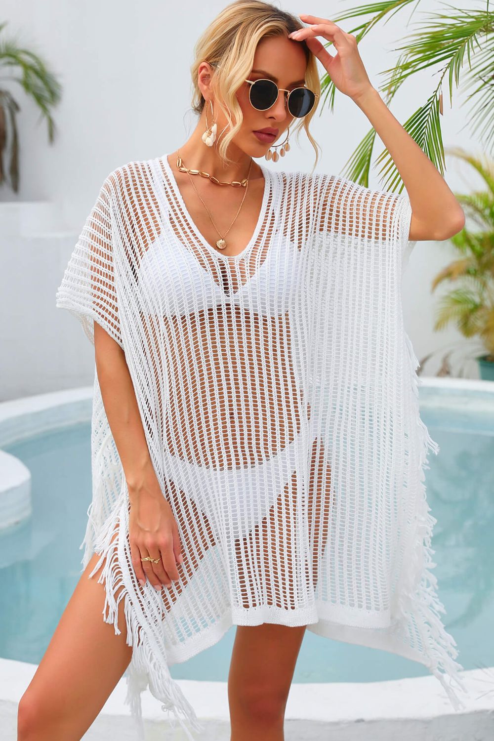 Angel Wings Fringe Trim Openwork Cover Up - Ladyez