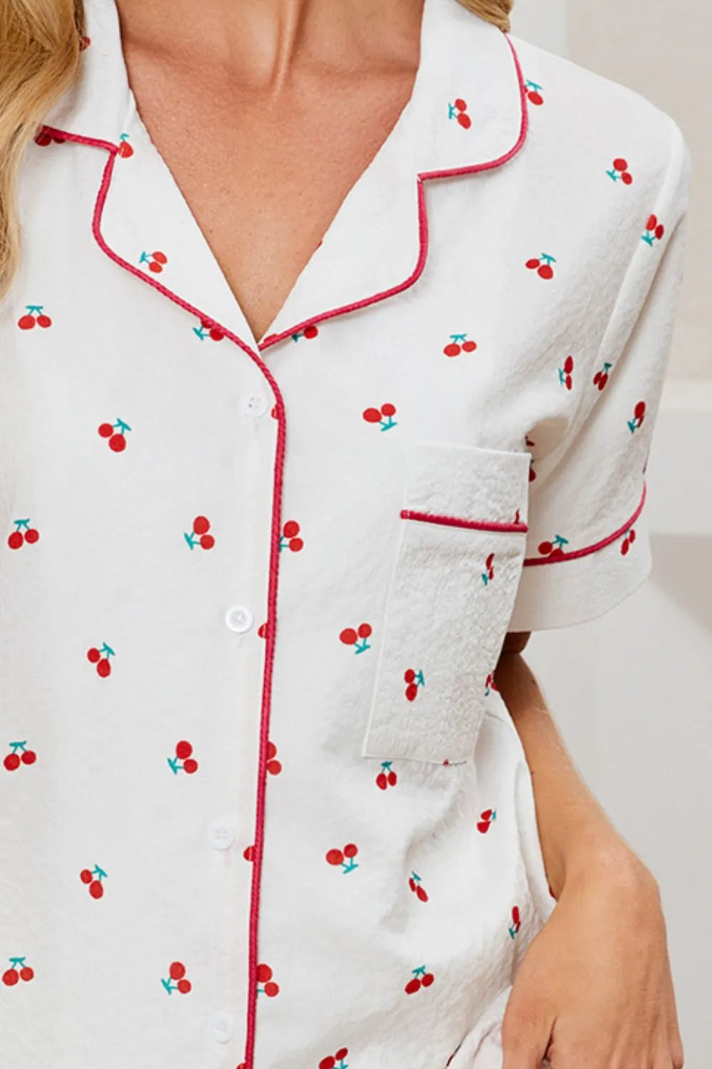 Cheery Print Collared Neck Top and Shorts Lounge Set - Ladyez