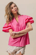 BiBi Dot Trim Flutter Sleeve Notched Top