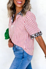Leopard Trim Striped Button Up Shirt