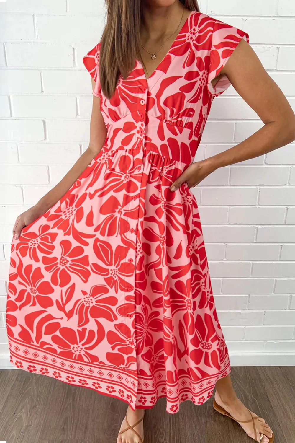 FloralRuffled V-Neck Midi Dress with Button Front
