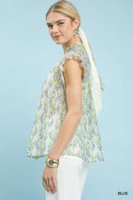 Umgee Floral Print Flutter Sleeve Split Neck Top