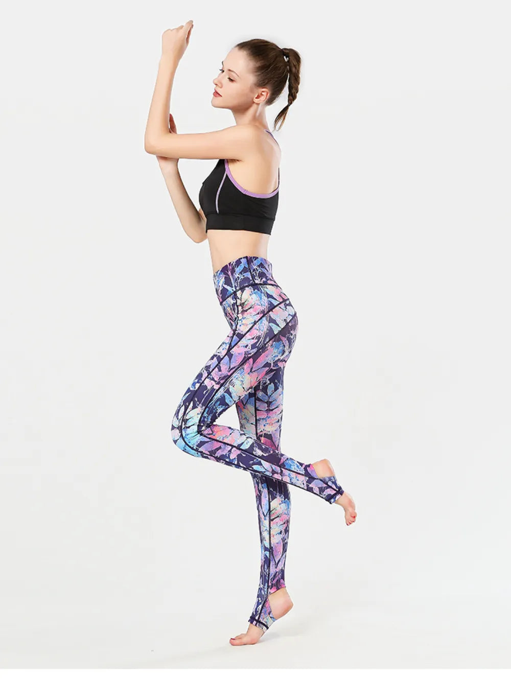 Printed Wide Waistband Active Leggings with Stirrups - Ladyez